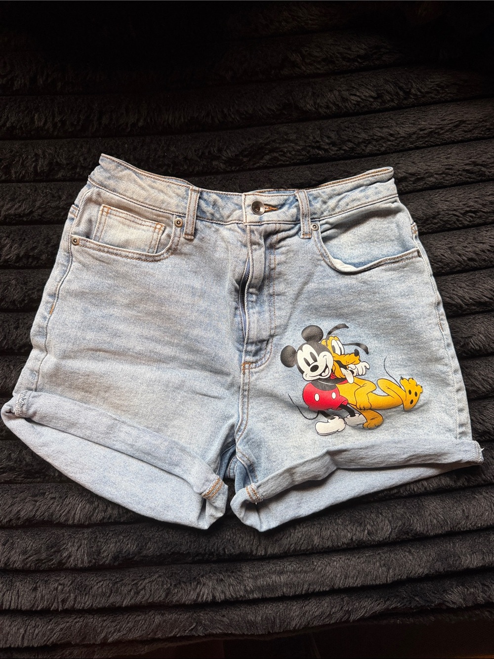 Disney Light Blue Denim Women’s Shorts with Mickey & Pluto Graphic